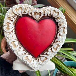 Vtg RELPO 6149 Ceramic Red Black Heart Planter Vase Valentines Japan Sticker MCM